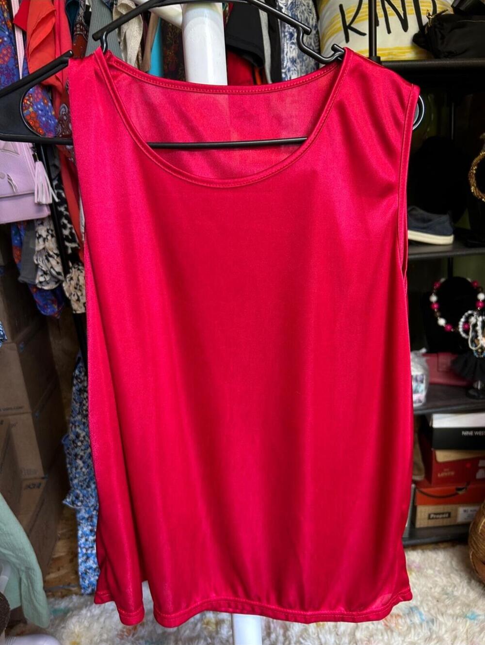Satin Scoop Neck Tank Top in Hot Pink Size XXL